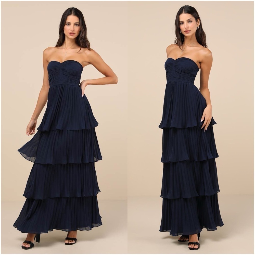 LULU’S Seriously Sensational Navy Blue Strapless Tiered Maxi Dress